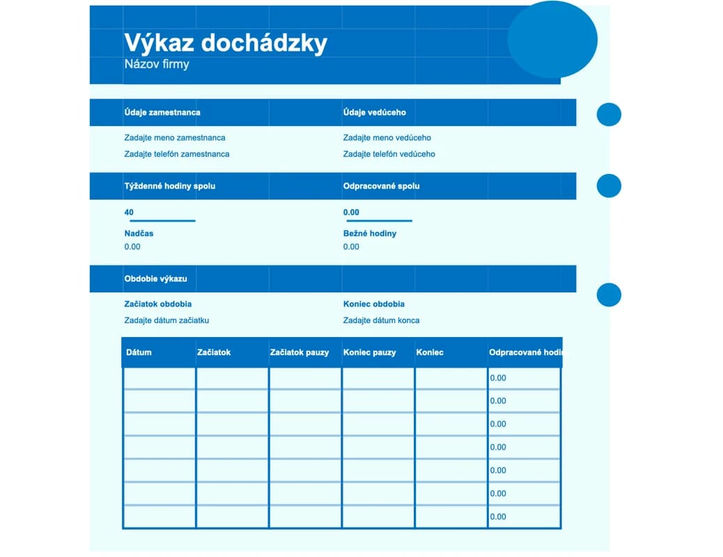 Náhľad jednoduchej evidencie dochádzky a hodín v Exceli