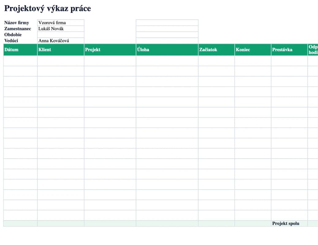 Náhľad Excelu: Projektový výkaz práce