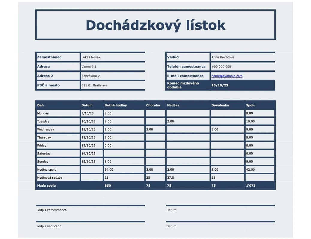 Náhľad dochádzkovej karty Excel s príchodom, odchodom a prestávkou