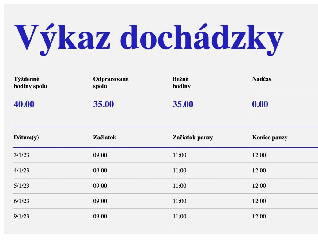 Náhľad týždennej šablóny dochádzky v Exceli