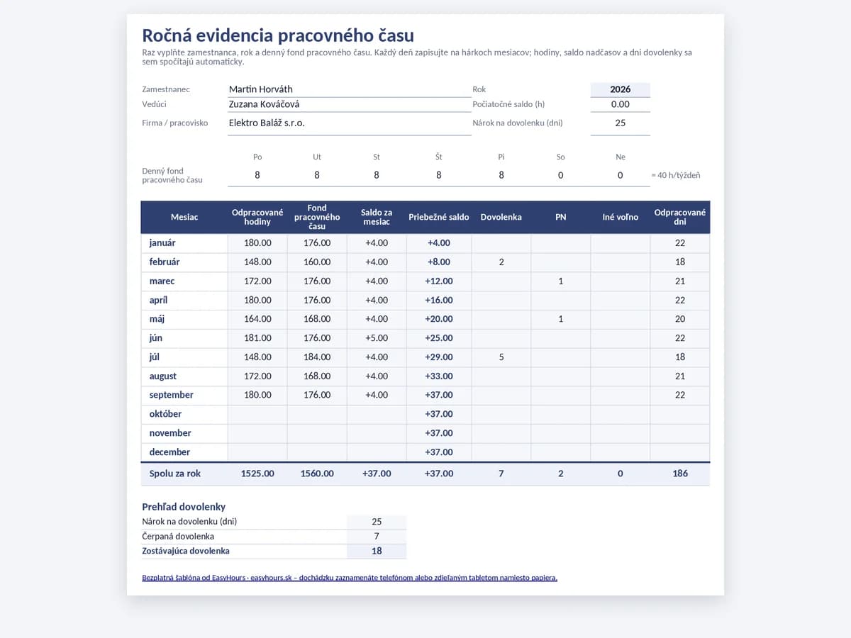 Ročný prehľad evidencie pracovného času s hodinami, fondom, priebežným saldom a dovolenkou za každý mesiac
